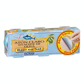 Atún claro bajo en sal Hacendado en aceite de oliva 3 latas de 80g