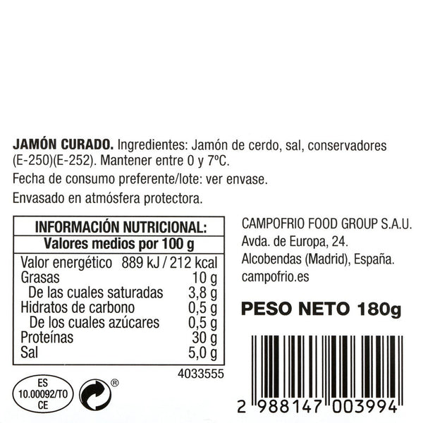 Jamón curado en lonchas Navidul sin gluten y sin lactosa 180g