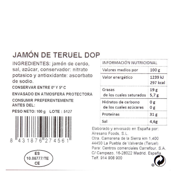 Jamón curado D,O,P Teruel De Nuestra Tierra 100g