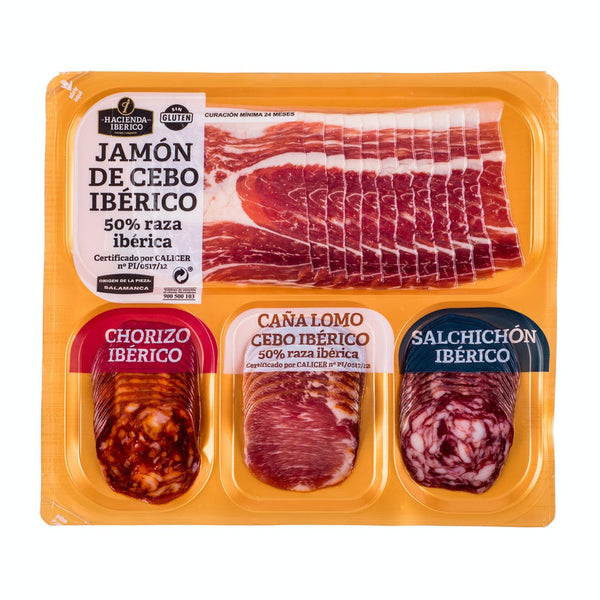 Surtido de ibéricos La Hacienda del ibérico contiene jamón de cebo, chorizo, caña lomo de cebo y salchichón