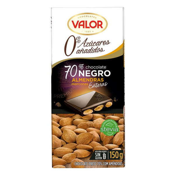 Chocolate negro 70% con almendras enteras y stevia sin azúcar añadido Valor sin gluten